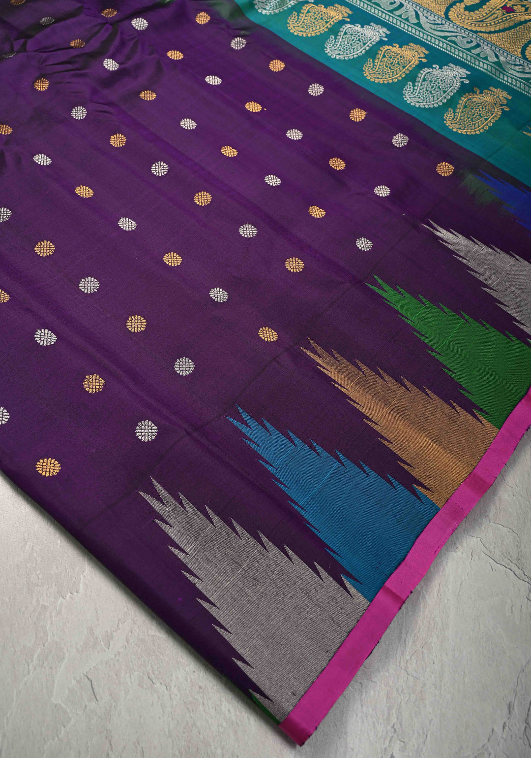 Deep Eggplant Pure Gadwal Silk Saree with Gold-Silver Buttas and Multicolor Temple Border | SILK MARK CERTIFIED