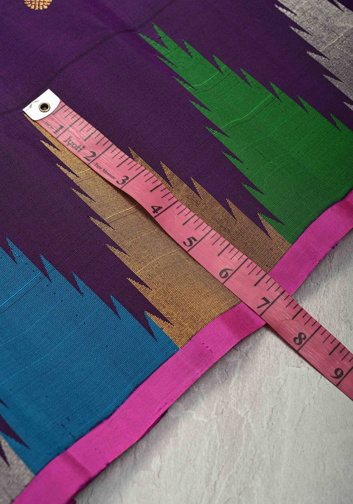 Deep Eggplant Pure Gadwal Silk Saree with Gold-Silver Buttas and Multicolor Temple Border | SILK MARK CERTIFIED
