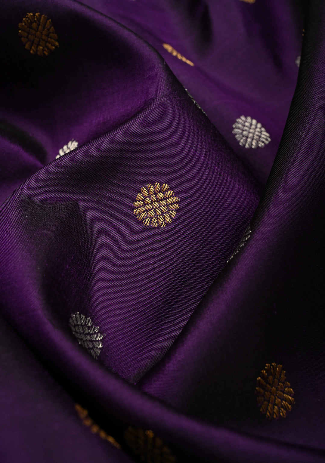 Deep Eggplant Pure Gadwal Silk Saree with Gold-Silver Buttas and Multicolor Temple Border | SILK MARK CERTIFIED