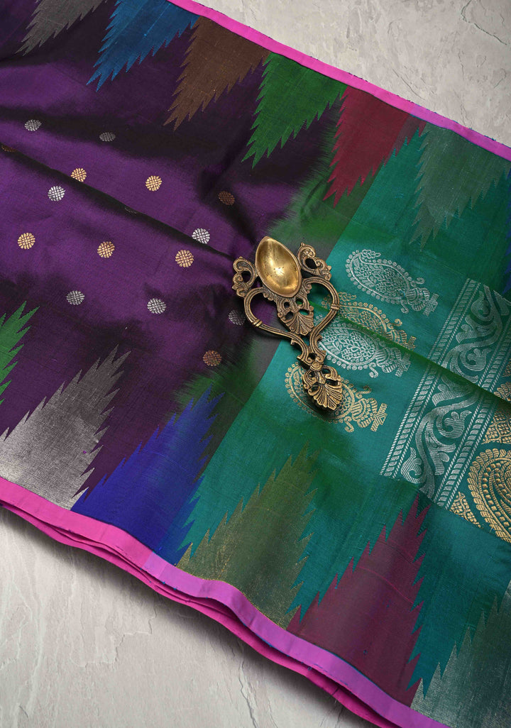 Deep Eggplant Pure Gadwal Silk Saree with Gold-Silver Buttas and Multicolor Temple Border | SILK MARK CERTIFIED