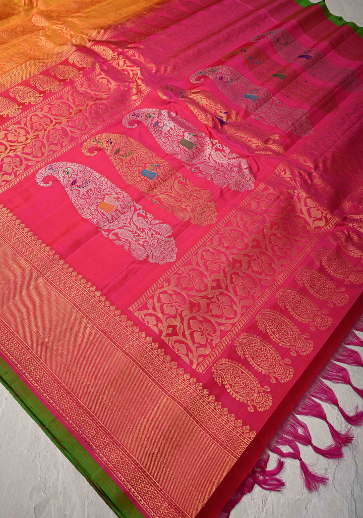 Mustard Orange Pure Gadwal Silk Saree with Floral Brocade and Zari Border | SILK MARK CERTIFIED