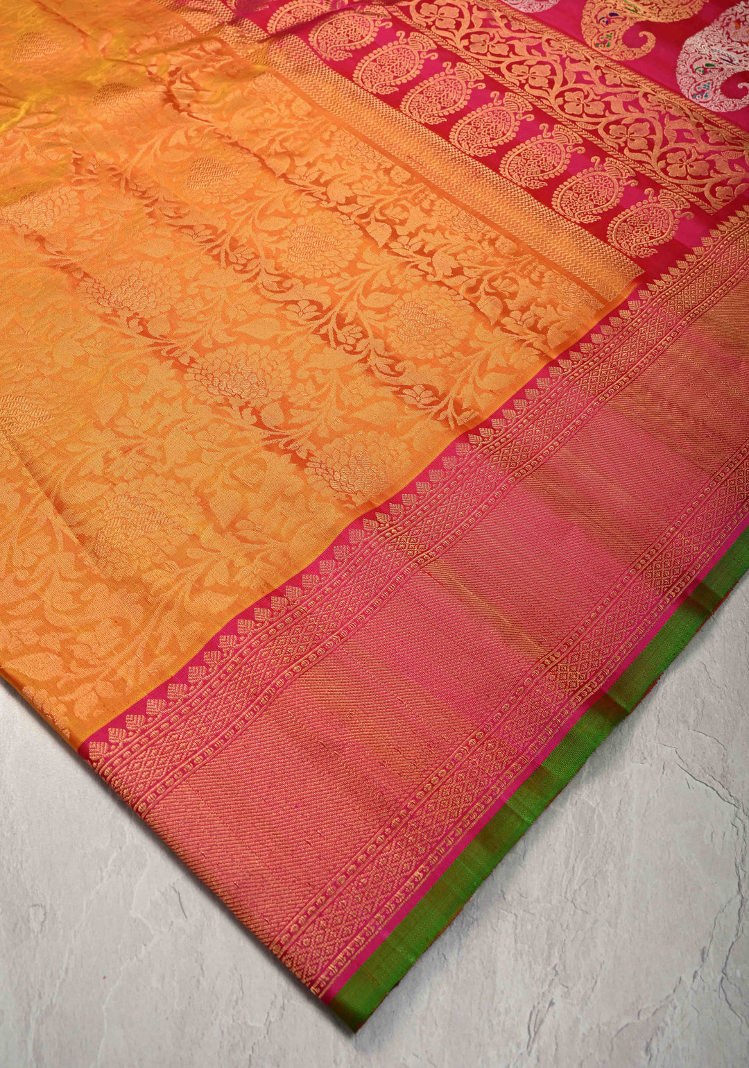 Mustard Orange Pure Gadwal Silk Saree with Floral Brocade and Zari Border | SILK MARK CERTIFIED