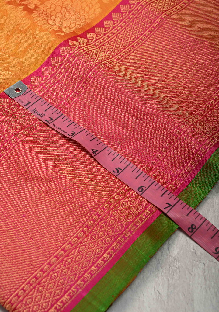 Mustard Orange Pure Gadwal Silk Saree with Floral Brocade and Zari Border | SILK MARK CERTIFIED