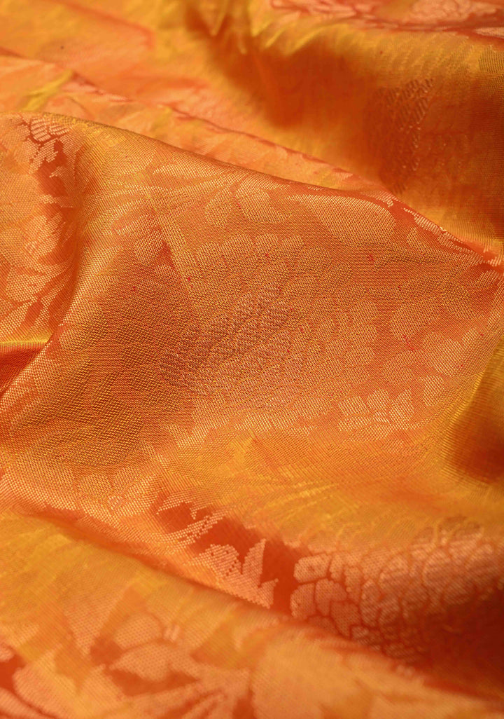 Mustard Orange Pure Gadwal Silk Saree with Floral Brocade and Zari Border | SILK MARK CERTIFIED