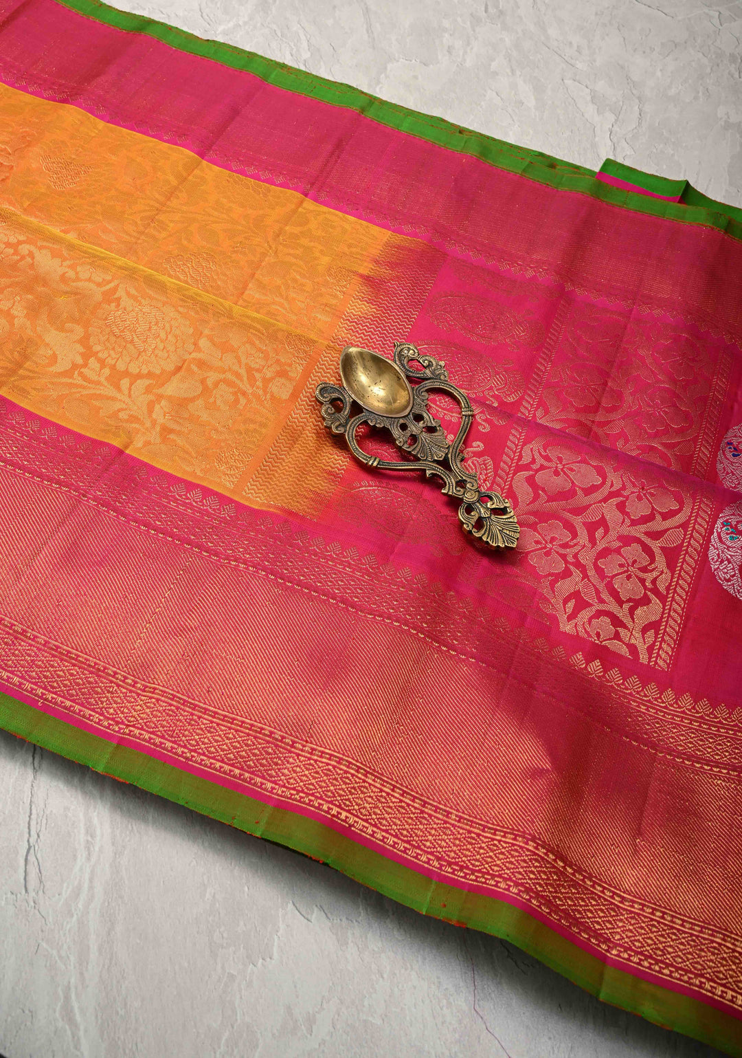 Mustard Orange Pure Gadwal Silk Saree with Floral Brocade and Zari Border | SILK MARK CERTIFIED