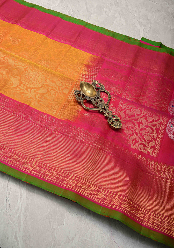 Mustard Orange Pure Gadwal Silk Saree with Floral Brocade and Zari Border | SILK MARK CERTIFIED