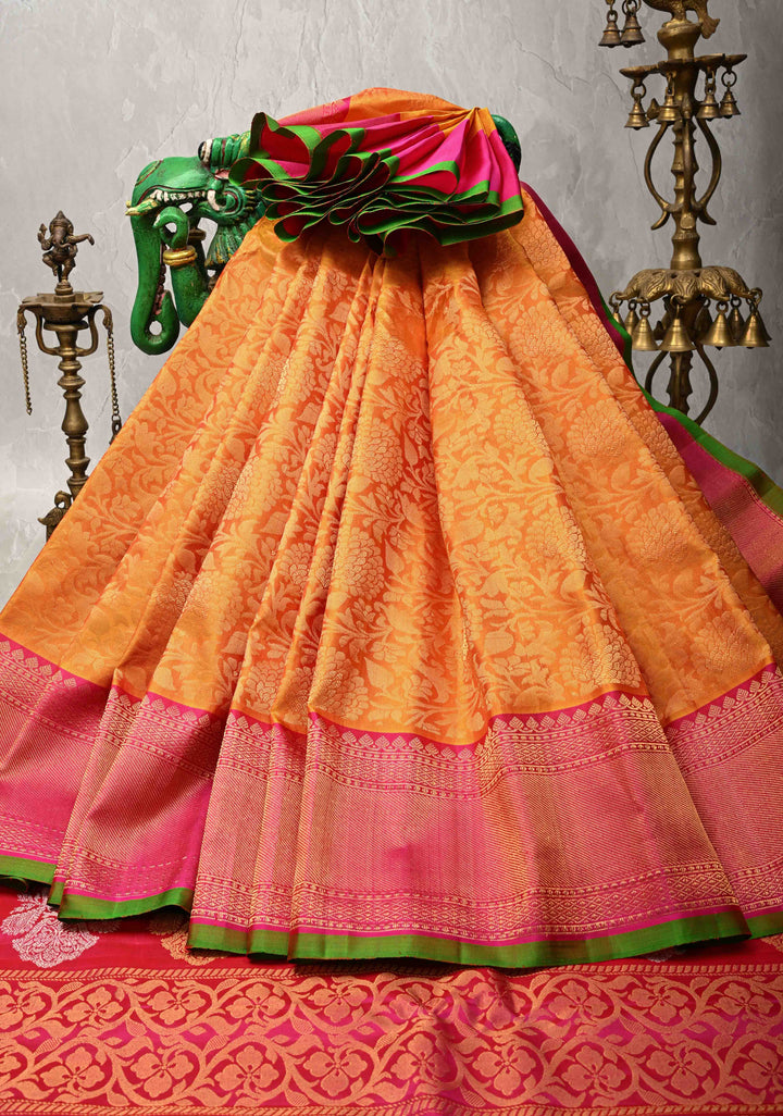 Mustard Orange Pure Gadwal Silk Saree with Floral Brocade and Zari Border | SILK MARK CERTIFIED