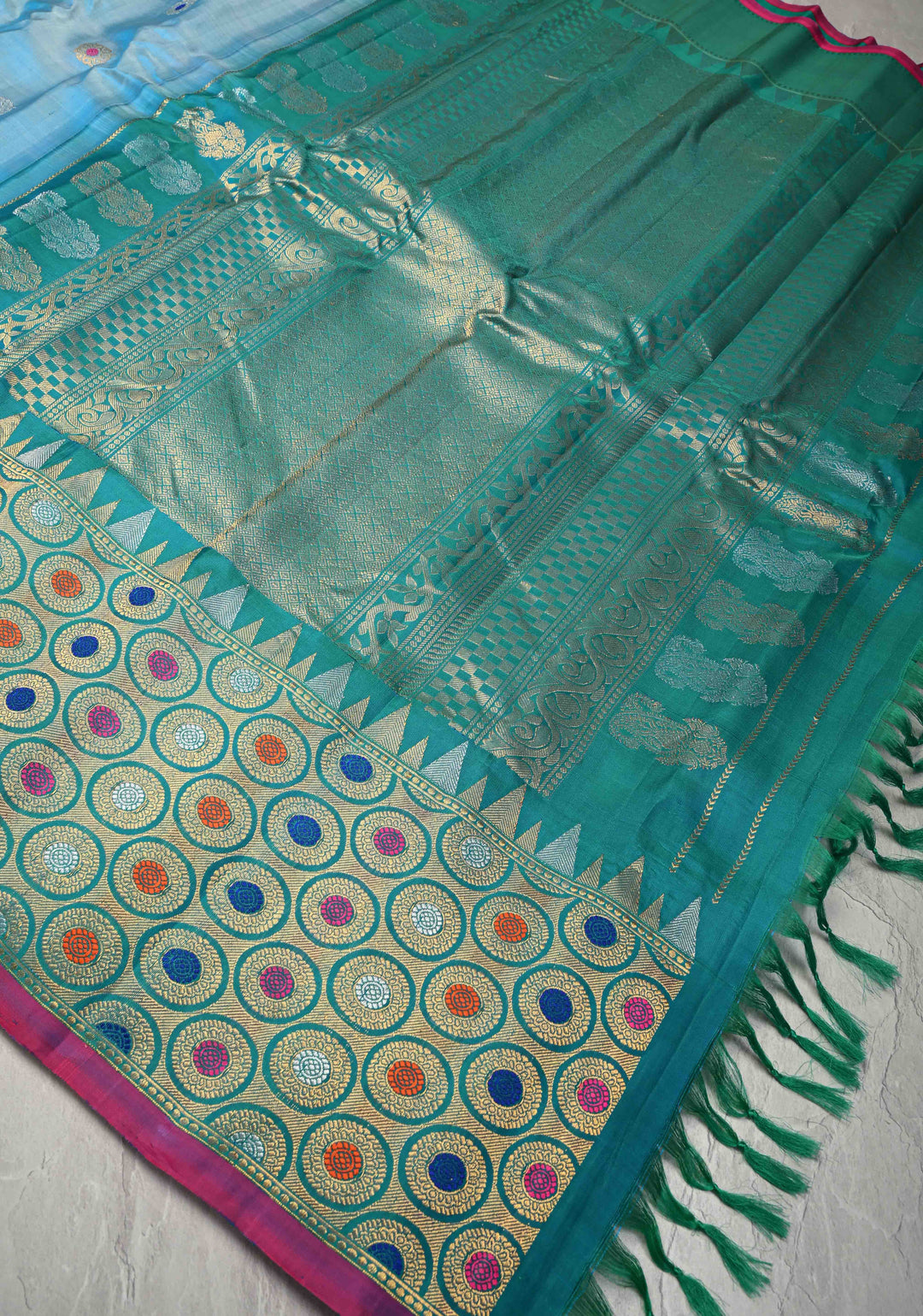 Pre-Order Sky Blue Meenakari on Pure Gadwal Silk Saree with Zari Buttas and Zari Border | SILK MARK CERTIFIED