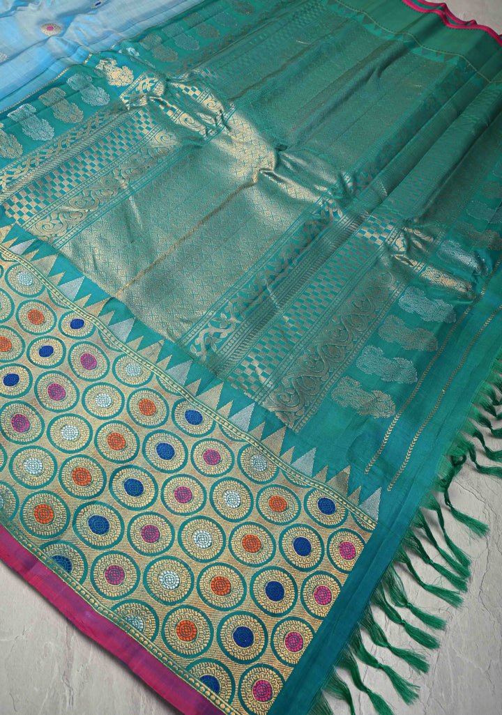Pre-Order Sky Blue Meenakari on Pure Gadwal Silk Saree with Zari Buttas and Zari Border | SILK MARK CERTIFIED