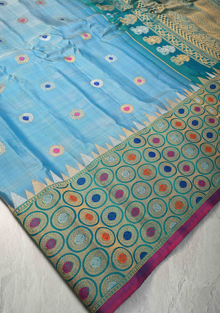 Pre-Order Sky Blue Meenakari on Pure Gadwal Silk Saree with Zari Buttas and Zari Border | SILK MARK CERTIFIED