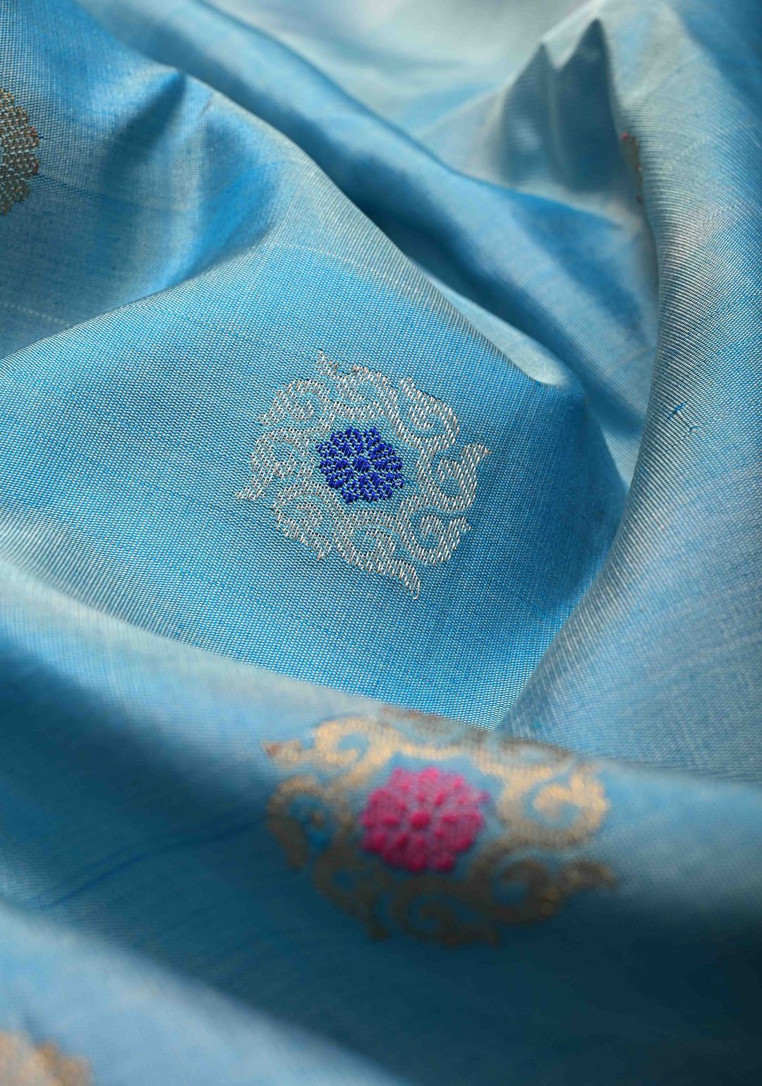 Pre-Order Sky Blue Meenakari on Pure Gadwal Silk Saree with Zari Buttas and Zari Border | SILK MARK CERTIFIED