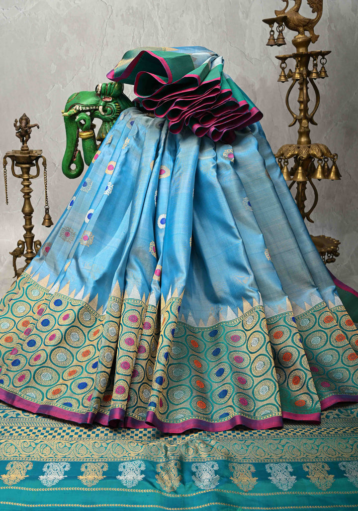 Pre-Order Sky Blue Meenakari on Pure Gadwal Silk Saree with Zari Buttas and Zari Border | SILK MARK CERTIFIED