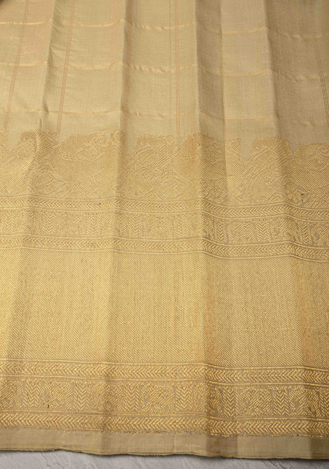 Pre-order Beige Zari Checks on Pure Kalanjali Gadwal Silk Saree with 2 tone Zari Buttas and Wide Zari Border | SILK MARK CERTIFIED
