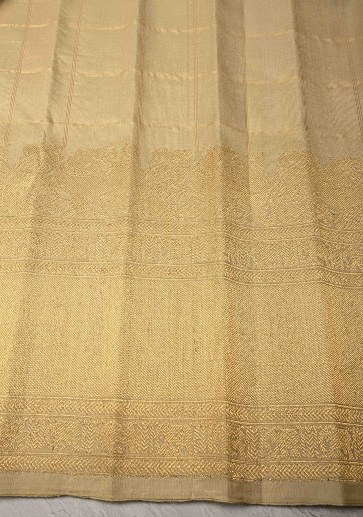Pre-order Beige Zari Checks on Pure Kalanjali Gadwal Silk Saree with 2 tone Zari Buttas and Wide Zari Border | SILK MARK CERTIFIED