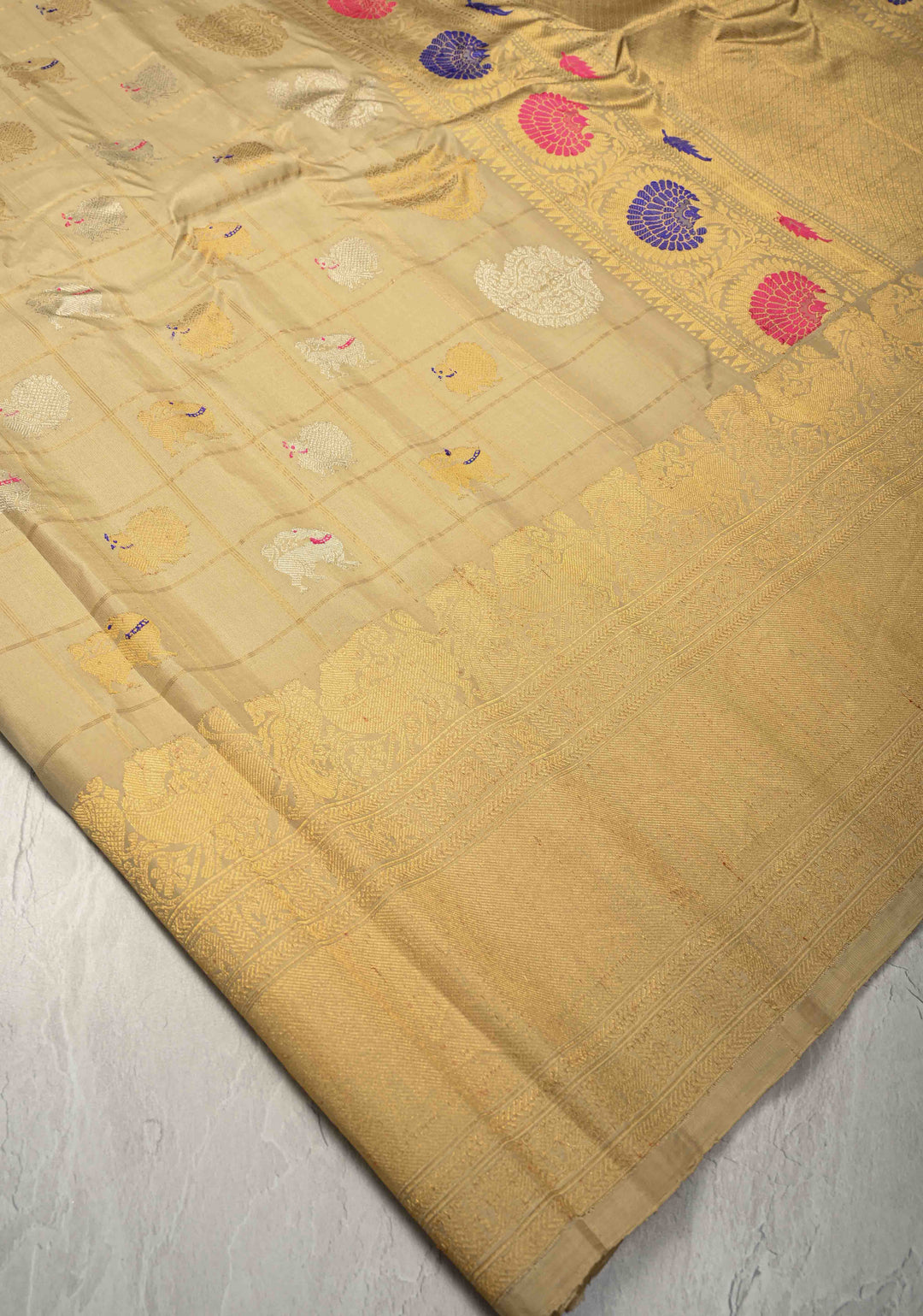 Pre-order Beige Zari Checks on Pure Kalanjali Gadwal Silk Saree with 2 tone Zari Buttas and Wide Zari Border | SILK MARK CERTIFIED