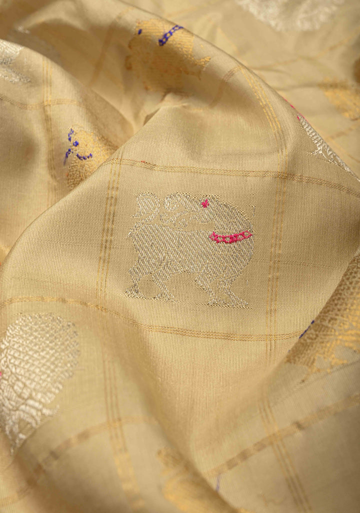 Pre-order Beige Zari Checks on Pure Kalanjali Gadwal Silk Saree with 2 tone Zari Buttas and Wide Zari Border | SILK MARK CERTIFIED