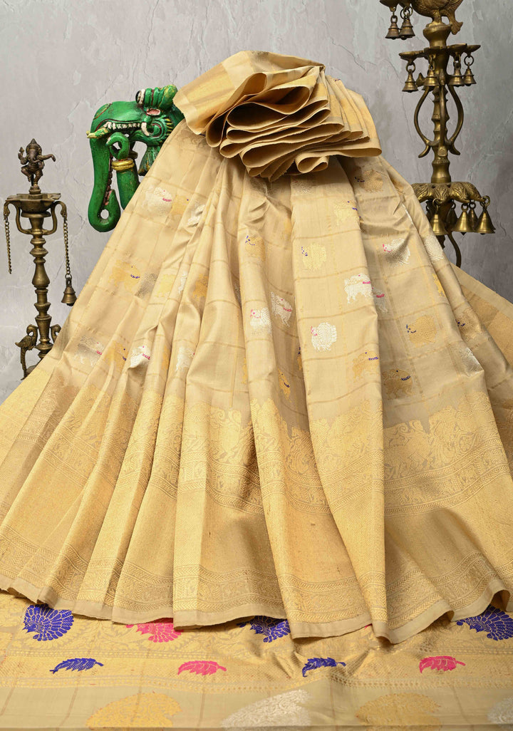 Pre-order Beige Zari Checks on Pure Kalanjali Gadwal Silk Saree with 2 tone Zari Buttas and Wide Zari Border | SILK MARK CERTIFIED