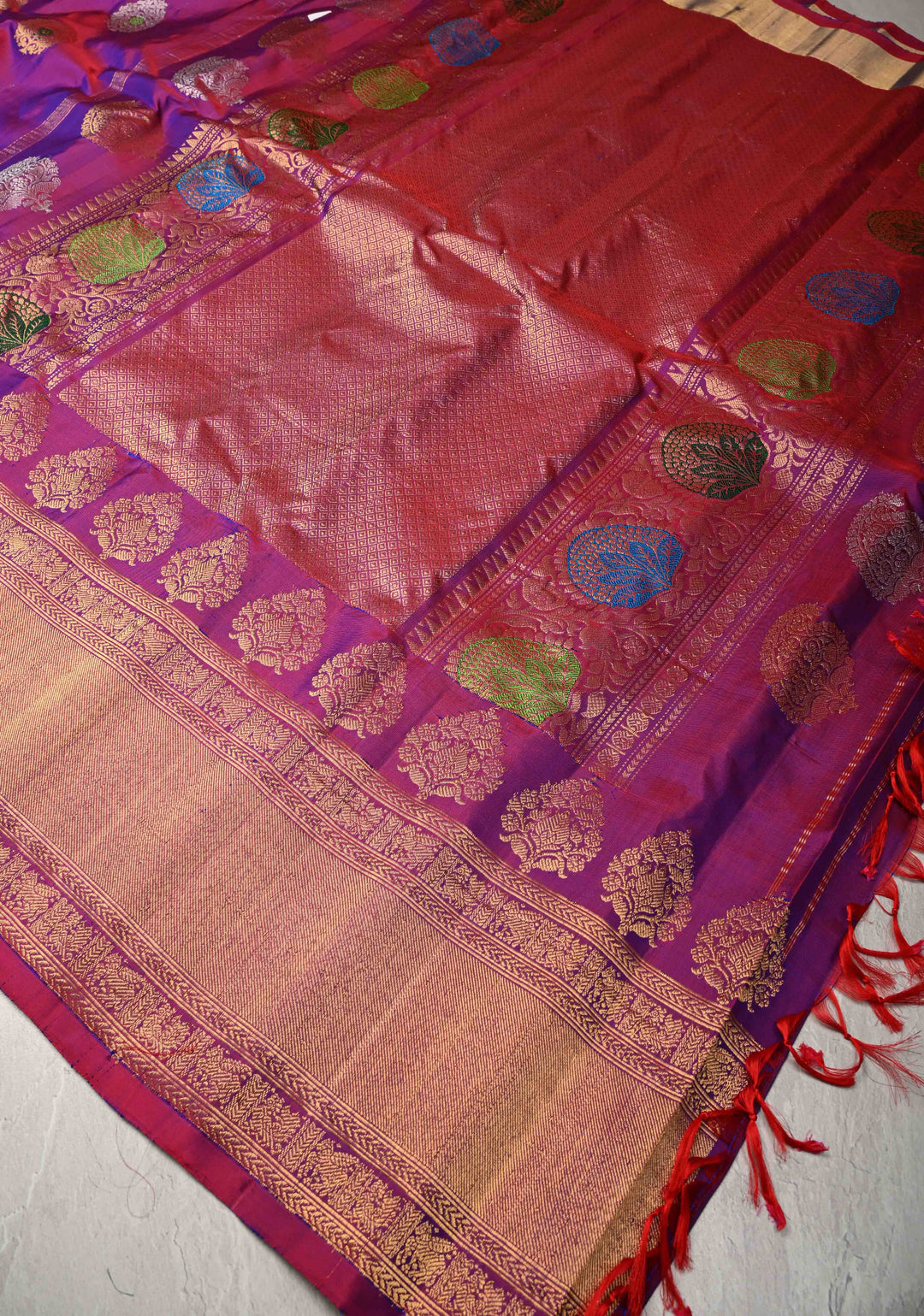 Pre-Order Purple Dual tone Pure Meenakari Gadwal Silk Saree with 2 tone Zari Buttas and Zari Border | SILK MARK CERTIFIED