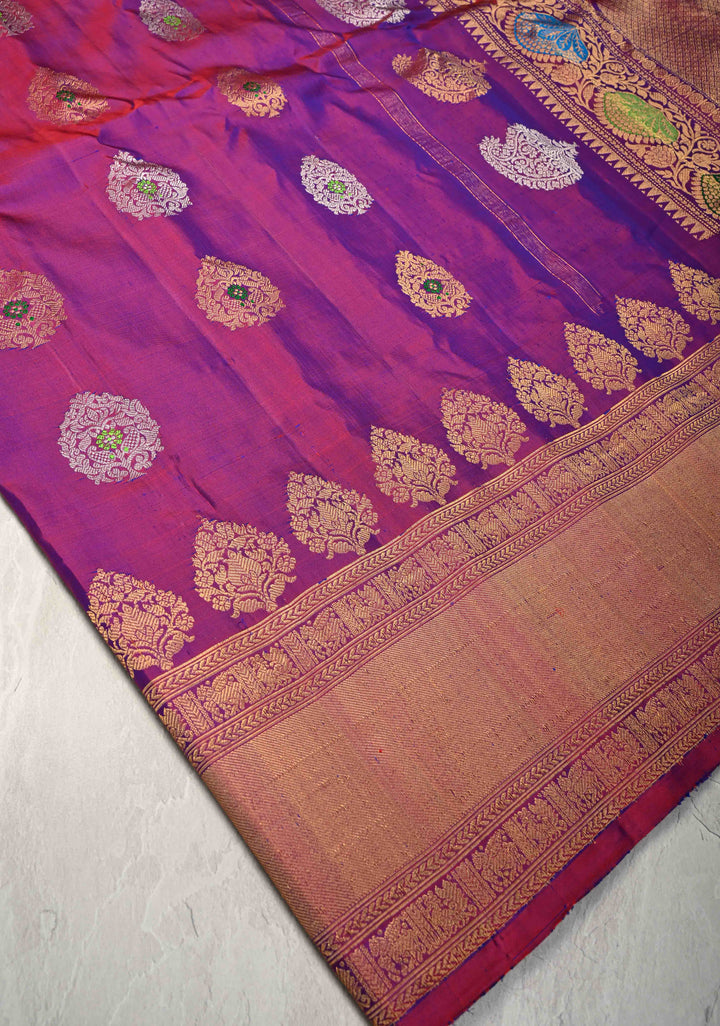 Pre-Order Purple Dual tone Pure Meenakari Gadwal Silk Saree with 2 tone Zari Buttas and Zari Border | SILK MARK CERTIFIED