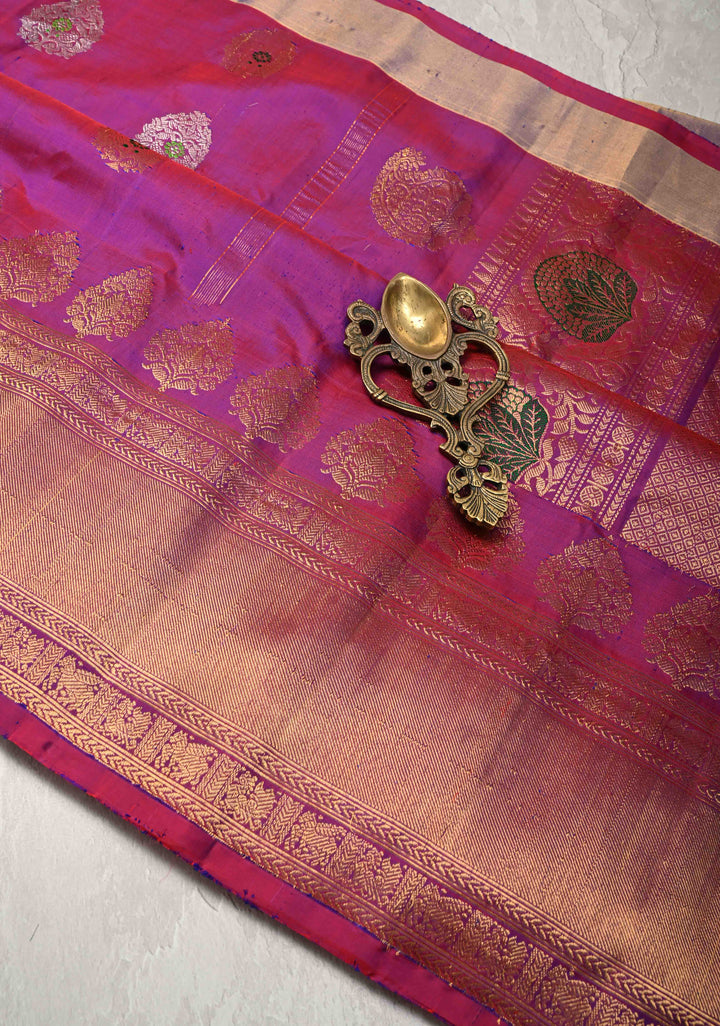 Pre-Order Purple Dual tone Pure Meenakari Gadwal Silk Saree with 2 tone Zari Buttas and Zari Border | SILK MARK CERTIFIED