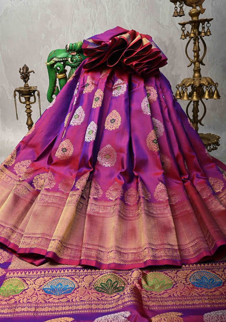 Pre-Order Purple Dual tone Pure Meenakari Gadwal Silk Saree with 2 tone Zari Buttas and Zari Border | SILK MARK CERTIFIED