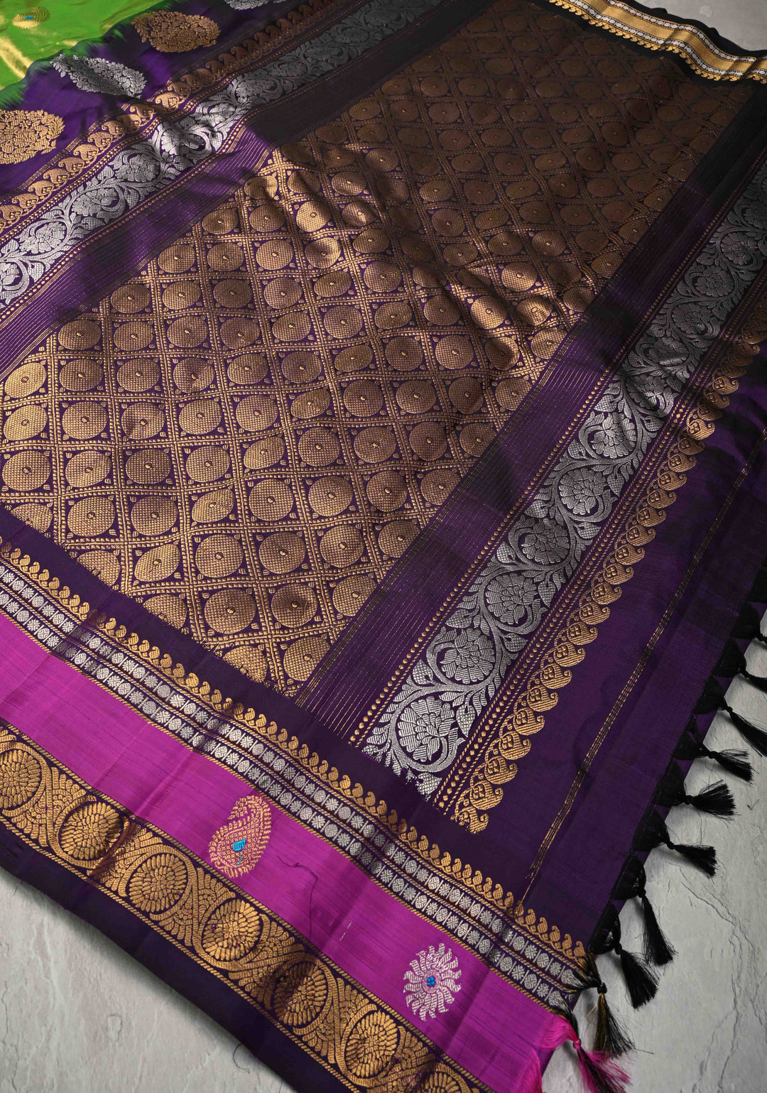 Chartreuse Pure Tissue Gadwal Silk Saree with Meenakari Butta and Zari Border | SILK MARK CERTIFIED