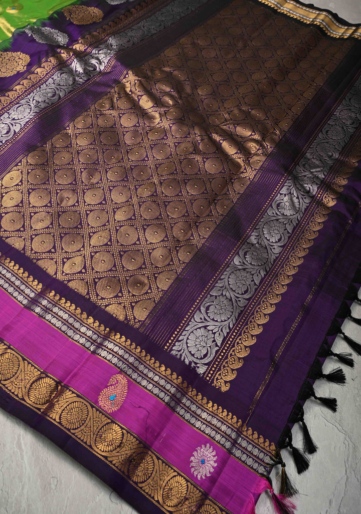 Chartreuse Pure Tissue Gadwal Silk Saree with Meenakari Butta and Zari Border | SILK MARK CERTIFIED