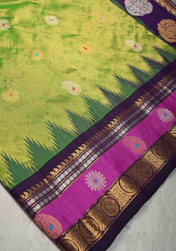 Chartreuse Pure Tissue Gadwal Silk Saree with Meenakari Butta and Zari Border | SILK MARK CERTIFIED