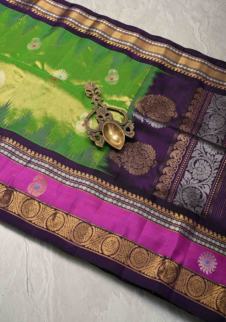 Chartreuse Pure Tissue Gadwal Silk Saree with Meenakari Butta and Zari Border | SILK MARK CERTIFIED