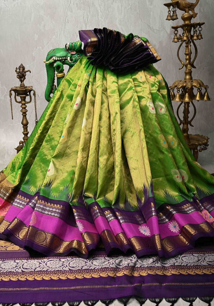 Chartreuse Pure Tissue Gadwal Silk Saree with Meenakari Butta and Zari Border | SILK MARK CERTIFIED