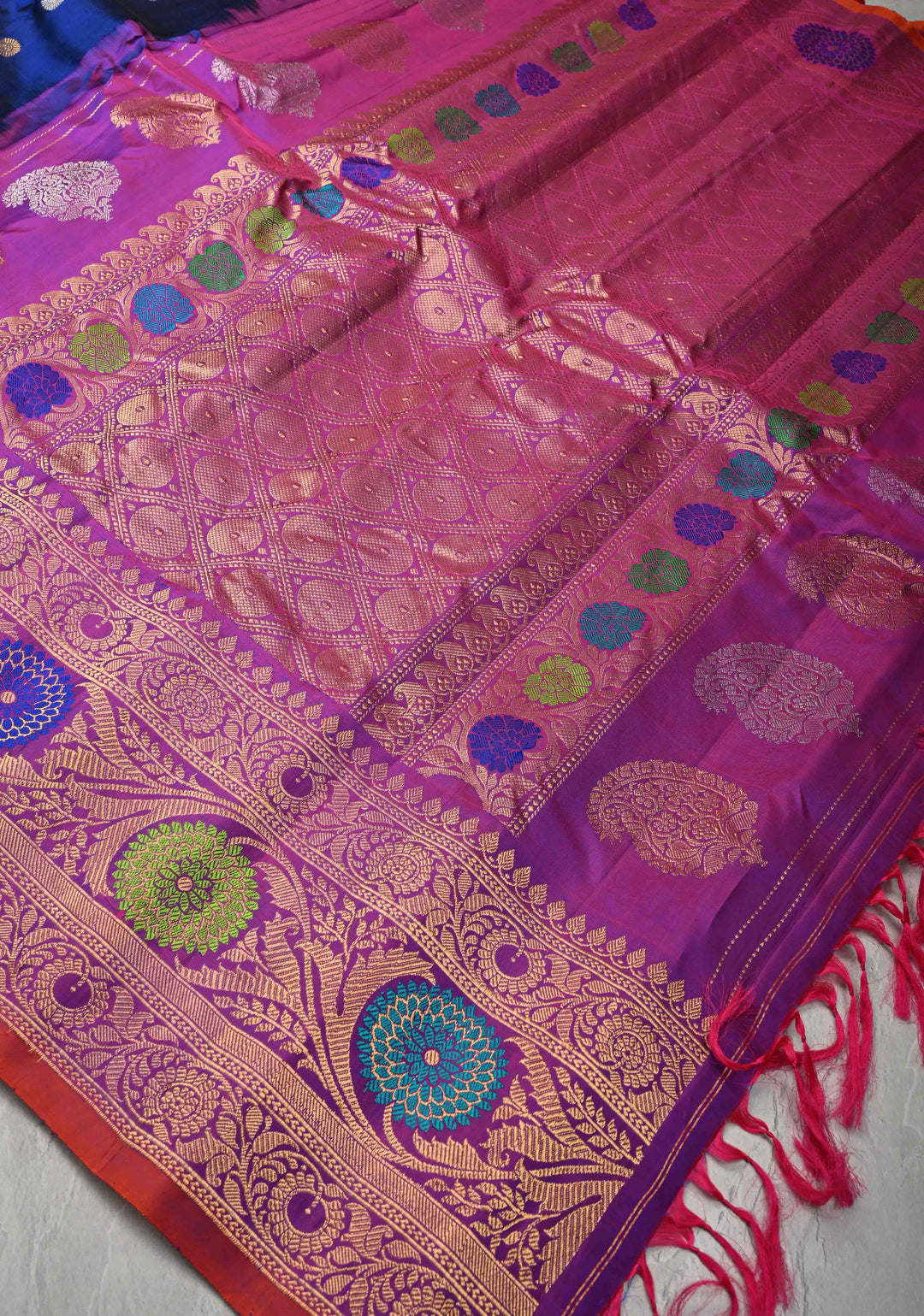 Blue Pure Gadwal Silk Saree with Gold-Silver Buttas and Contrast Meenakari Border | SILK MARK CERTIFIED