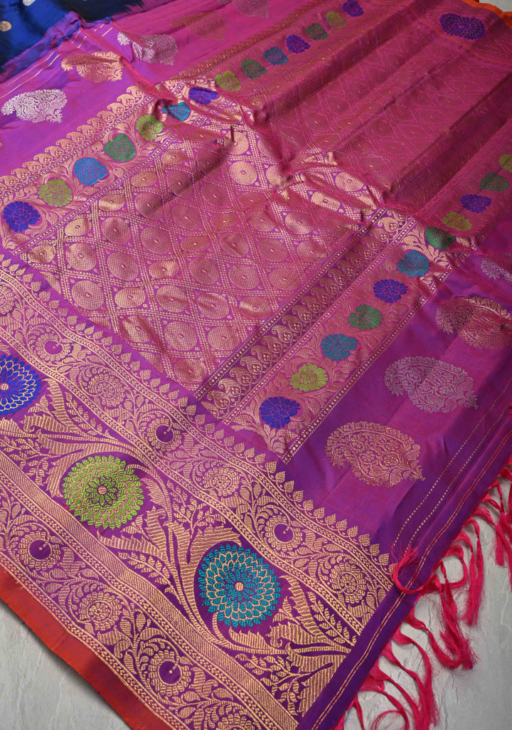 Blue Pure Gadwal Silk Saree with Gold-Silver Buttas and Contrast Meenakari Border | SILK MARK CERTIFIED