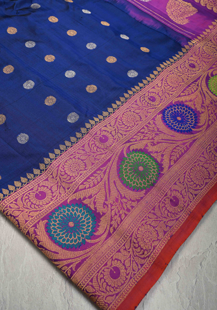 Blue Pure Gadwal Silk Saree with Gold-Silver Buttas and Contrast Meenakari Border | SILK MARK CERTIFIED