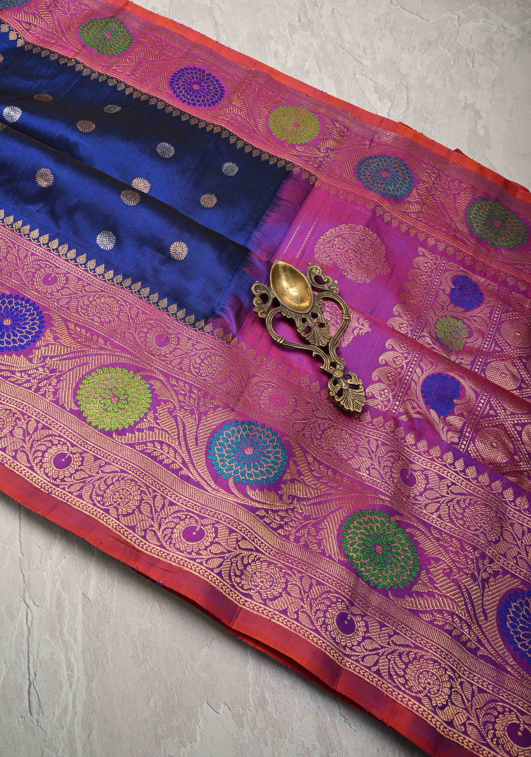 Blue Pure Gadwal Silk Saree with Gold-Silver Buttas and Contrast Meenakari Border | SILK MARK CERTIFIED