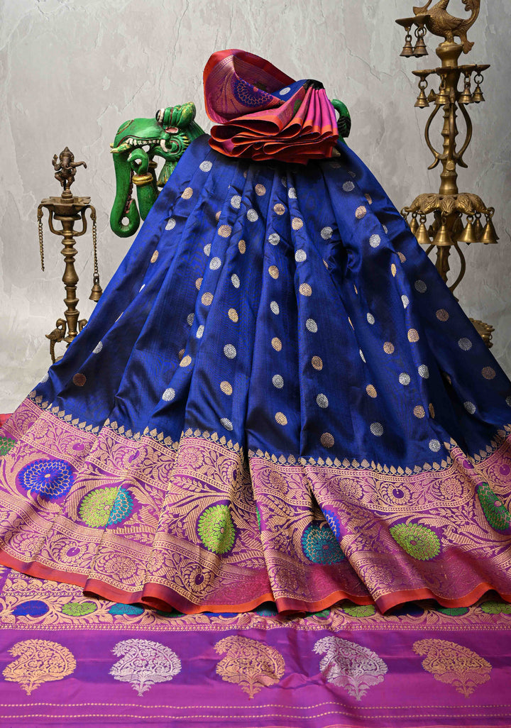 Blue Pure Gadwal Silk Saree with Gold-Silver Buttas and Contrast Meenakari Border | SILK MARK CERTIFIED