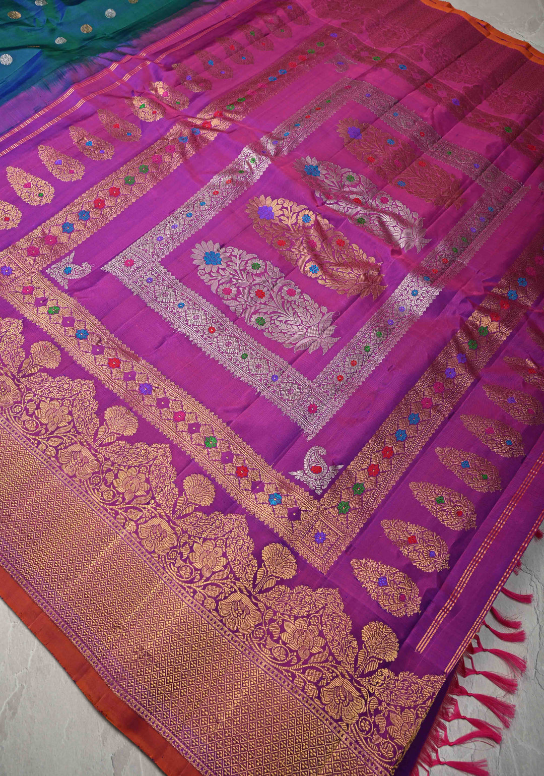 Peacock Blue Dual tone Pure Gadwal Silk Saree with Gold-Silver Buttas and Contrast Zari Border | SILK MARK CERTIFIED