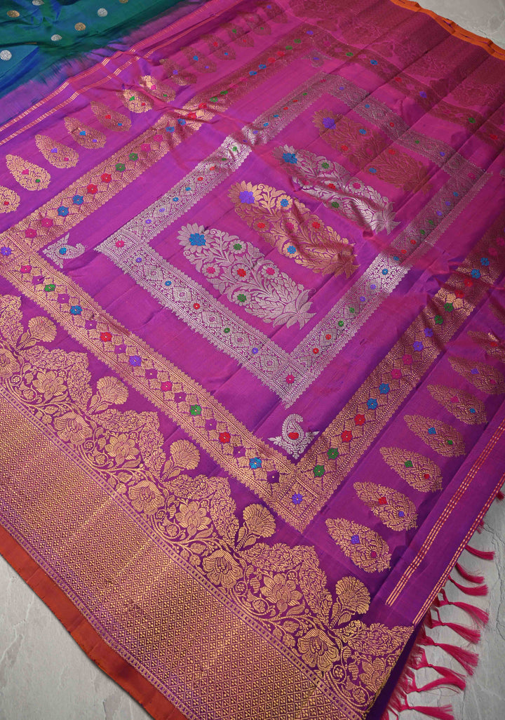 Peacock Blue Dual tone Pure Gadwal Silk Saree with Gold-Silver Buttas and Contrast Zari Border | SILK MARK CERTIFIED