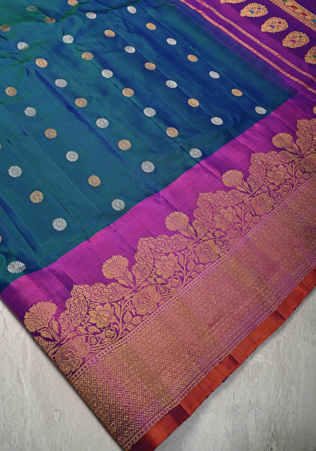 Peacock Blue Dual tone Pure Gadwal Silk Saree with Gold-Silver Buttas and Contrast Zari Border | SILK MARK CERTIFIED