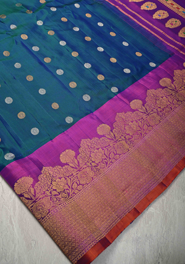 Peacock Blue Dual tone Pure Gadwal Silk Saree with Gold-Silver Buttas and Contrast Zari Border | SILK MARK CERTIFIED