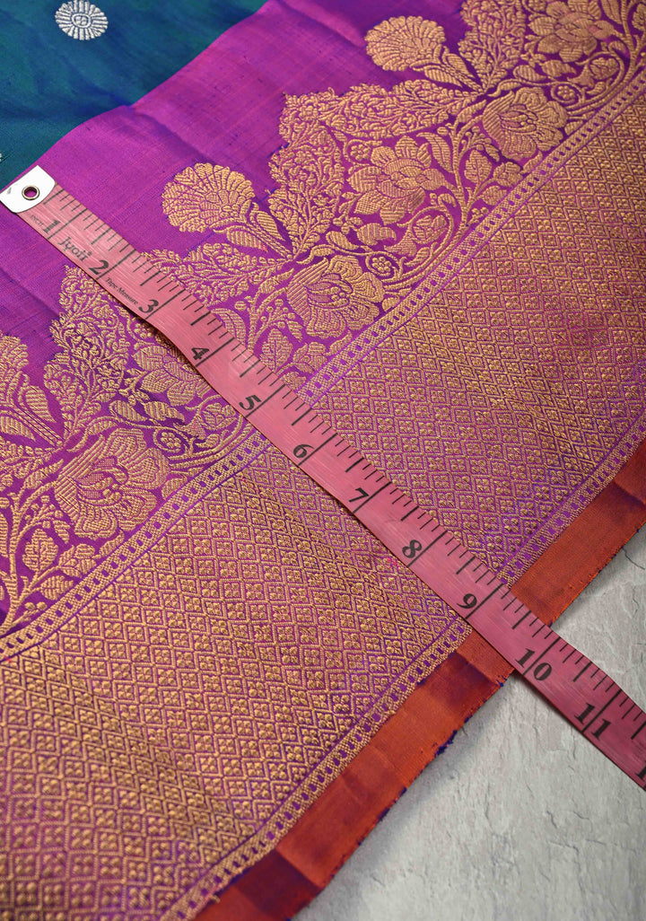 Peacock Blue Dual tone Pure Gadwal Silk Saree with Gold-Silver Buttas and Contrast Zari Border | SILK MARK CERTIFIED