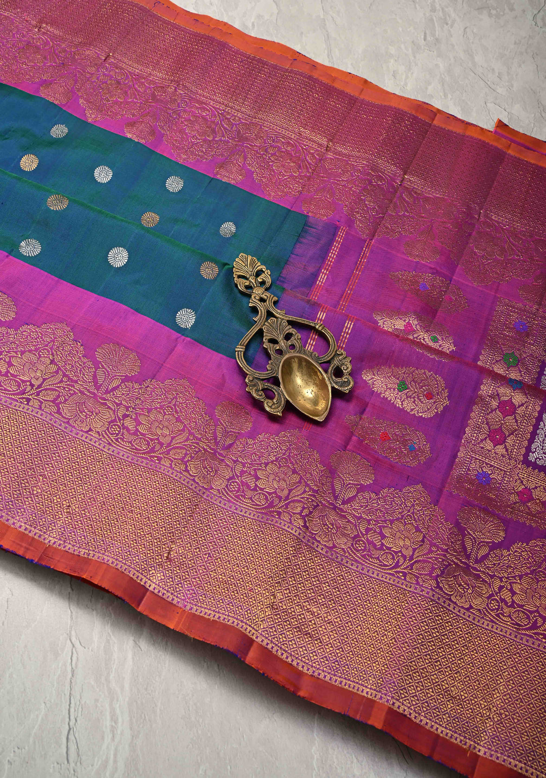 Peacock Blue Dual tone Pure Gadwal Silk Saree with Gold-Silver Buttas and Contrast Zari Border | SILK MARK CERTIFIED