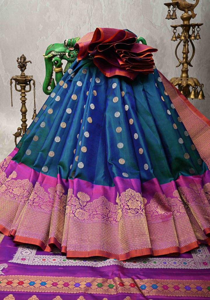 Peacock Blue Dual tone Pure Gadwal Silk Saree with Gold-Silver Buttas and Contrast Zari Border | SILK MARK CERTIFIED