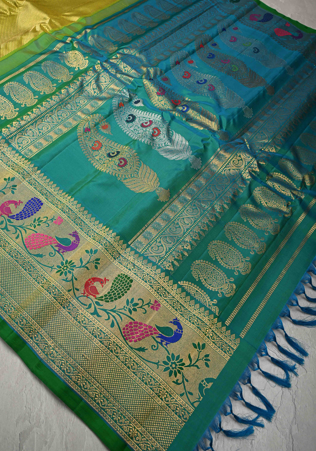 Moss Green with Brocade  Pure Gadwal Silk Saree and Contrast Paithani Style Border | SILK MARK CERTIFIED