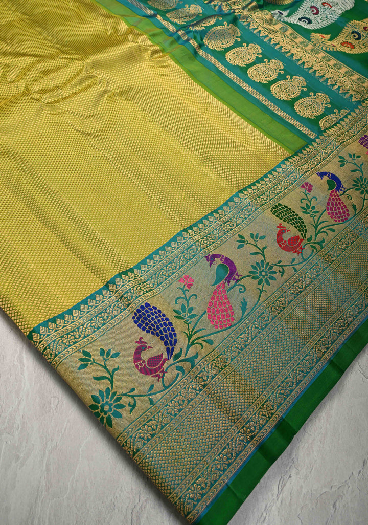 Moss Green with Brocade  Pure Gadwal Silk Saree and Contrast Paithani Style Border | SILK MARK CERTIFIED