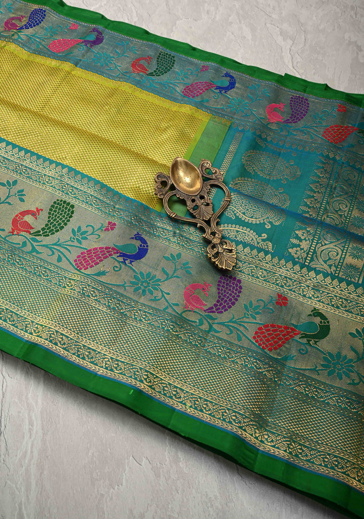 Moss Green with Brocade  Pure Gadwal Silk Saree and Contrast Paithani Style Border | SILK MARK CERTIFIED
