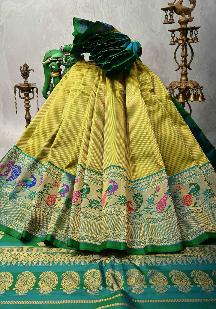 Moss Green with Brocade  Pure Gadwal Silk Saree and Contrast Paithani Style Border | SILK MARK CERTIFIED