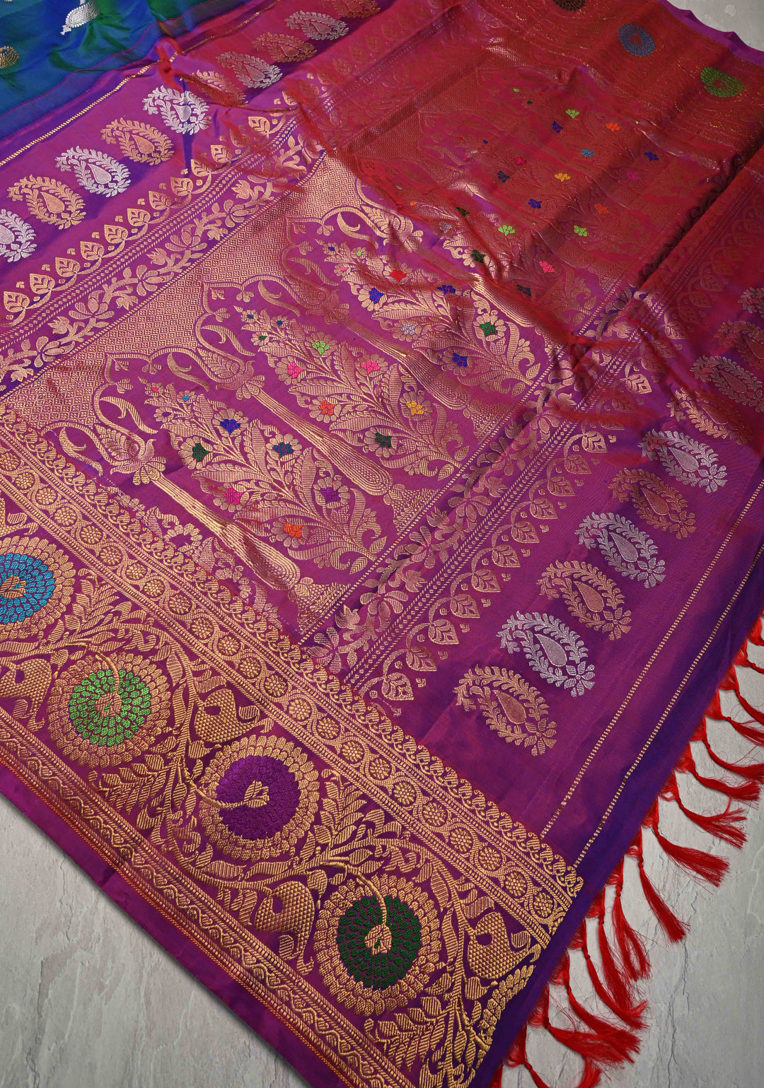 Peacock Blue and Green Dual Tone Pure Gadwal Silk Saree with Gold-Silver Paisley Buttas and  Meenakari Border | SILK MARK CERTIFIED