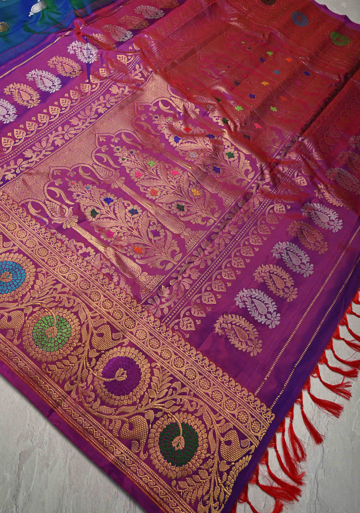 Peacock Blue and Green Dual Tone Pure Gadwal Silk Saree with Gold-Silver Paisley Buttas and  Meenakari Border | SILK MARK CERTIFIED
