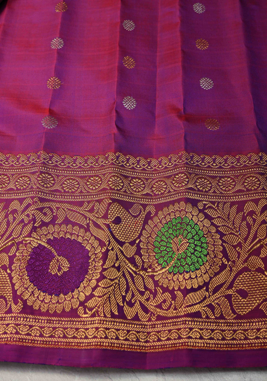 Peacock Blue and Green Dual Tone Pure Gadwal Silk Saree with Gold-Silver Paisley Buttas and  Meenakari Border | SILK MARK CERTIFIED