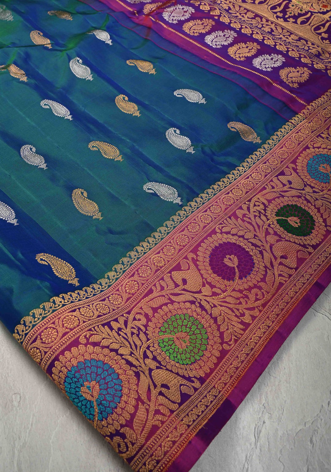 Peacock Blue and Green Dual Tone Pure Gadwal Silk Saree with Gold-Silver Paisley Buttas and  Meenakari Border | SILK MARK CERTIFIED
